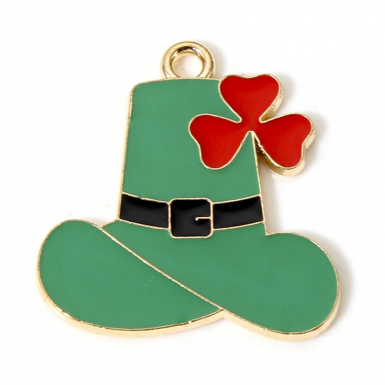 Picture of 10 PCs Zinc Based Alloy St Patrick's Day Charms Gold Plated Green Hat Enamel 24.5mm x 23mm