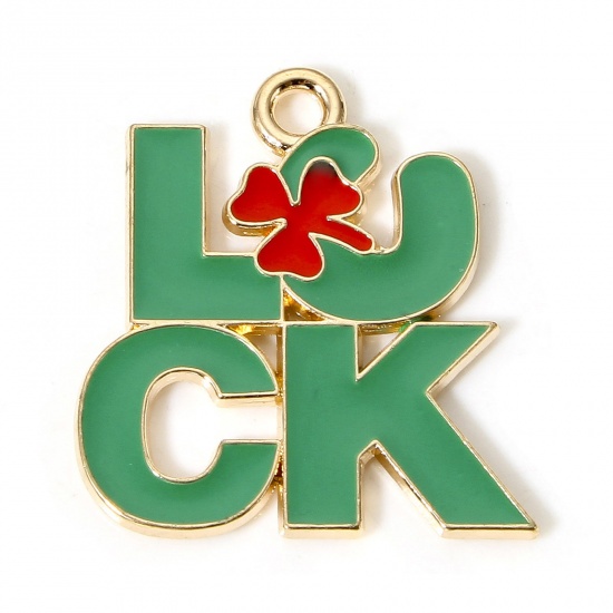 Picture of 10 PCs Zinc Based Alloy St Patrick's Day Charms Gold Plated Green Leaf Clover Message " LUCK " Enamel 22mm x 20mm