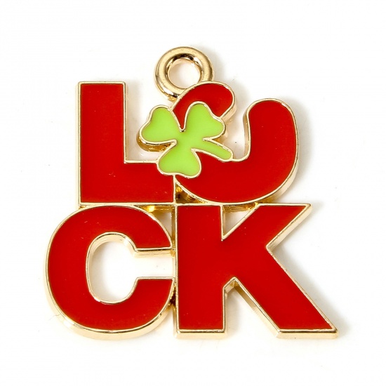 Picture of 10 PCs Zinc Based Alloy St Patrick's Day Charms Gold Plated Red Leaf Clover Message " LUCK " Enamel 22mm x 20mm