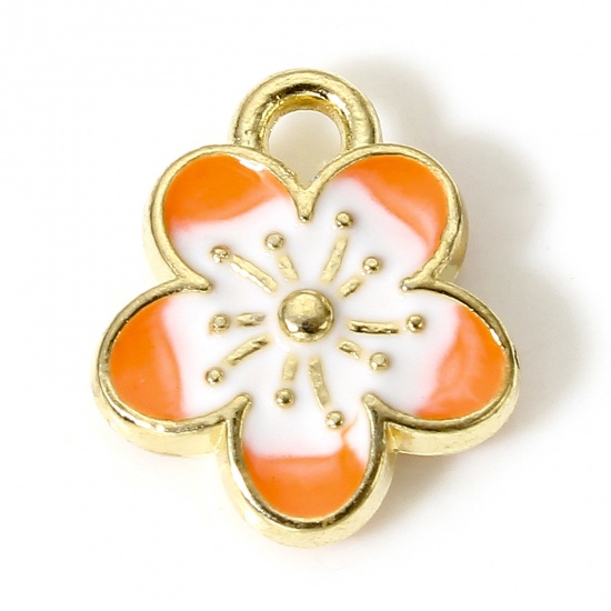 Immagine di 20 Pz Lega di Zinco Charms Oro Placcato Arancione Fiore di Sakura Smalto 12mm x 10mm