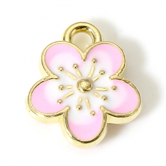 Immagine di 20 Pz Lega di Zinco Charms Oro Placcato Rosa Fiore di Sakura Smalto 12mm x 10mm