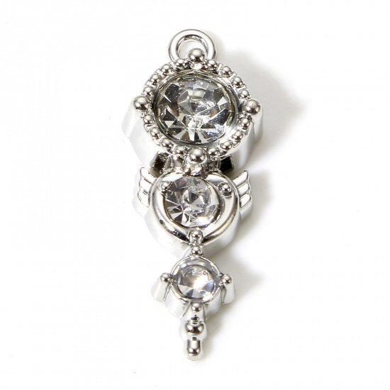 Picture of 5 PCs Zinc Based Alloy Fairy Tale Collection Charms Silver Tone Round Wing Clear Rhinestone 28mm x 11mm