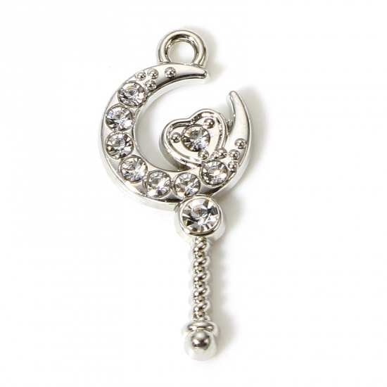 Picture of 5 PCs Zinc Based Alloy Fairy Tale Collection Charms Silver Tone Scepter Moon Clear Rhinestone 26.5mm x 12mm