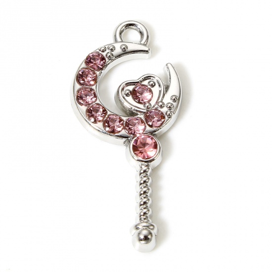 Picture of 5 PCs Zinc Based Alloy Fairy Tale Collection Charms Silver Tone Scepter Moon Pink Rhinestone 26.5mm x 12mm