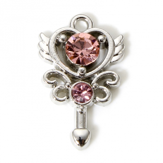 Picture of 5 PCs Zinc Based Alloy Fairy Tale Collection Charms Silver Tone Scepter Wing Pink Rhinestone 20mm x 13mm