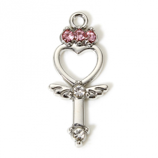 Picture of 5 PCs Zinc Based Alloy Fairy Tale Collection Charms Silver Tone Scepter Wing Pink Rhinestone 27.5mm x 12mm