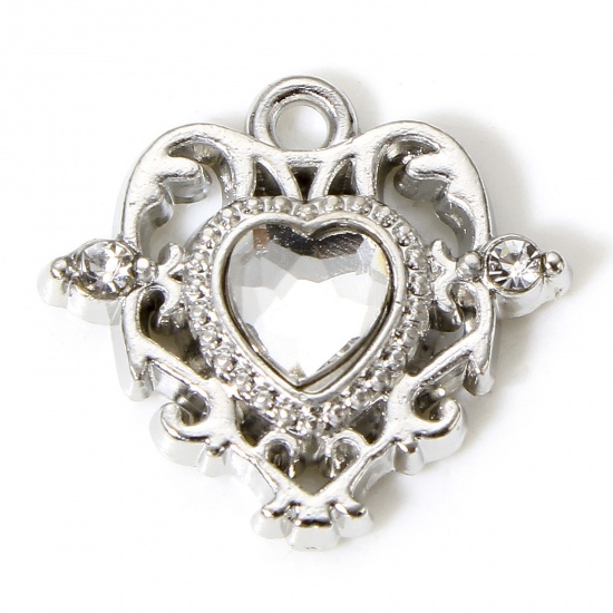 Picture of 5 PCs Zinc Based Alloy Fairy Tale Collection Charms Silver Tone Heart Clear Rhinestone 17mm x 16mm