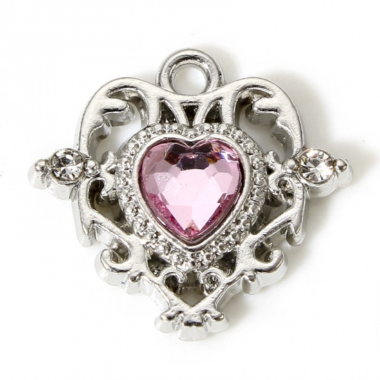 Bild von 5 Stück Zinklegierung Märchen Kollektion Charms Silberfarbe Herz Rosa Strass 17mm x 16mm
