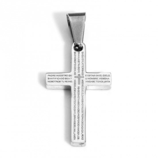 Picture of 1 Piece 304 Stainless Steel Valentine's Day Pendants Silver Tone Cross 37mm x 17mm