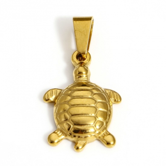 Picture of 1 Piece Vacuum Plating 304 Stainless Steel Valentine's Day Charms Gold Plated Sea Turtle Animal 28mm x 14.5mm