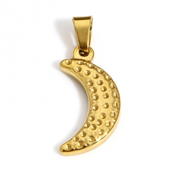 Picture of 1 Piece Vacuum Plating 304 Stainless Steel Hammered Charms Gold Plated Half Moon 28mm x 11mm