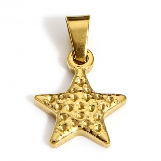 Picture of 1 Piece Vacuum Plating 304 Stainless Steel Hammered Charms Gold Plated Pentagram Star 23.5mm x 14.5mm