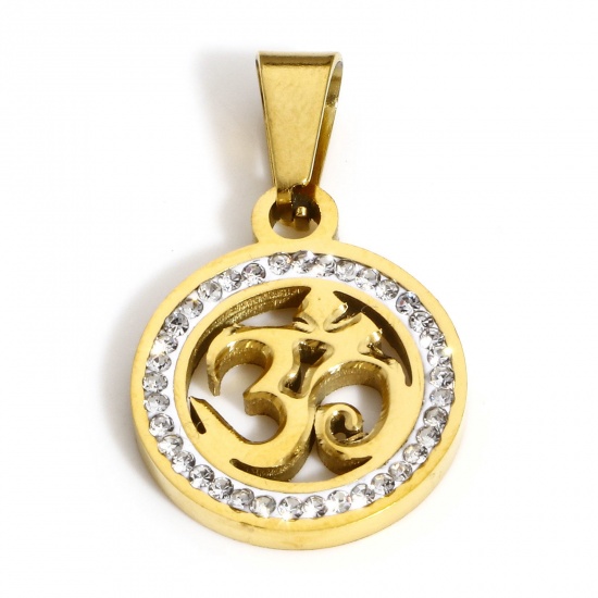 Picture of 1 Piece Vacuum Plating 304 Stainless Steel Valentine's Day Charms Gold Plated Round OM/ Aum Symbol Clear Rhinestone 25mm x 15mm