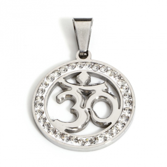 Picture of 1 Piece 304 Stainless Steel Valentine's Day Pendants Silver Tone Round OM/ Aum Symbol Clear Rhinestone 36mm x 25mm