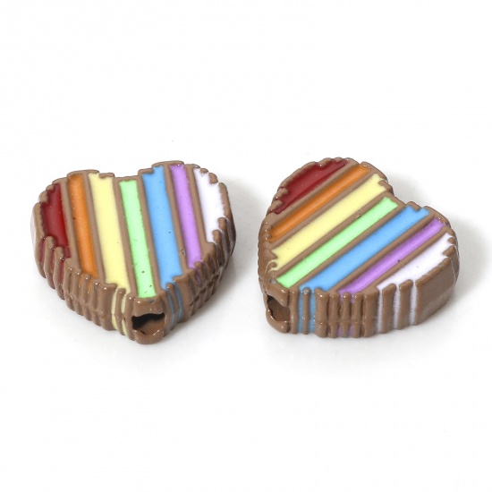 Immagine di 5 Pz Lega di Zinco San Valentino Perline per la Creazione di Gioielli con Ciondoli Fai-da-te Marrone Cuore Arcobaleno Smalto Circa 11mm x 11mm, Foro:Circa 1.4mm