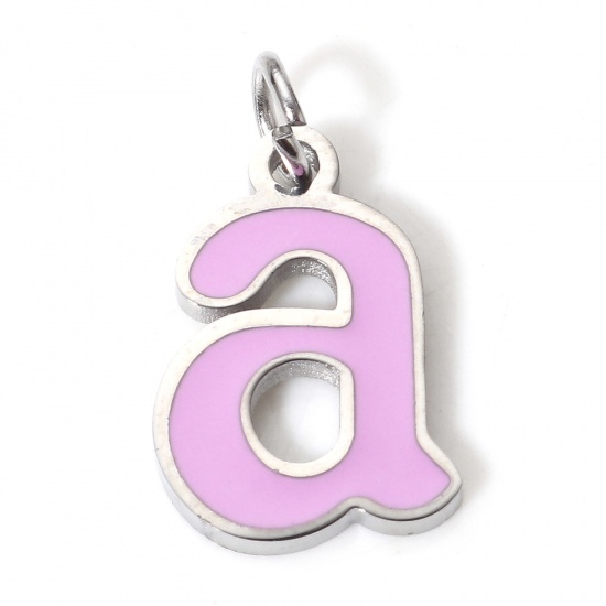 Picture of 1 Piece 304 Stainless Steel Charms Silver Tone Pale Lilac Lowercase Letter Message " A " Enamel 15mm x 8.5mm