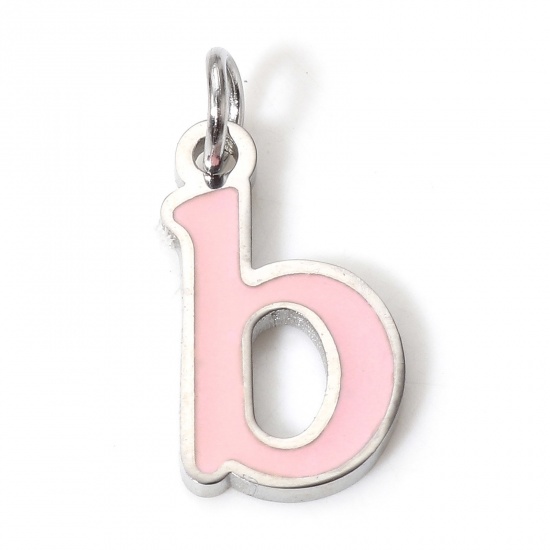 Picture of 1 Piece 304 Stainless Steel Charms Silver Tone Peach Pink Lowercase Letter Message " B " Enamel 15mm x 7mm