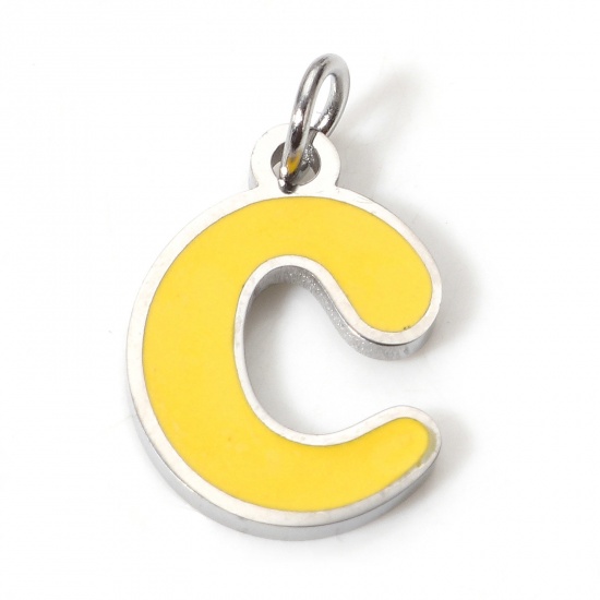 Picture of 1 Piece 304 Stainless Steel Charms Silver Tone Yellow Lowercase Letter Message " C " Enamel 15mm x 9mm
