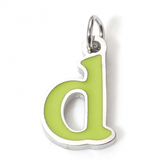 Picture of 1 Piece 304 Stainless Steel Charms Silver Tone Green Lowercase Letter Message " D " Enamel 15mm x 7mm