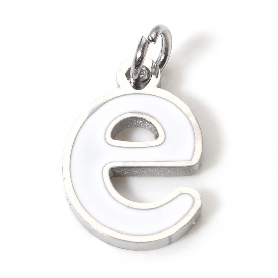 Picture of 1 Piece 304 Stainless Steel Charms Silver Tone White Lowercase Letter Message " E " Enamel 15mm x 8mm