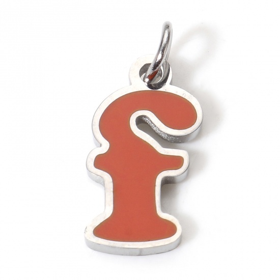 Picture of 1 Piece 304 Stainless Steel Charms Silver Tone Orange-red Lowercase Letter Message " F " Enamel