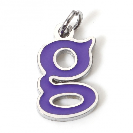 Picture of 1 Piece 304 Stainless Steel Charms Silver Tone Purple Lowercase Letter Message " G " Enamel 15mm x 7.5mm