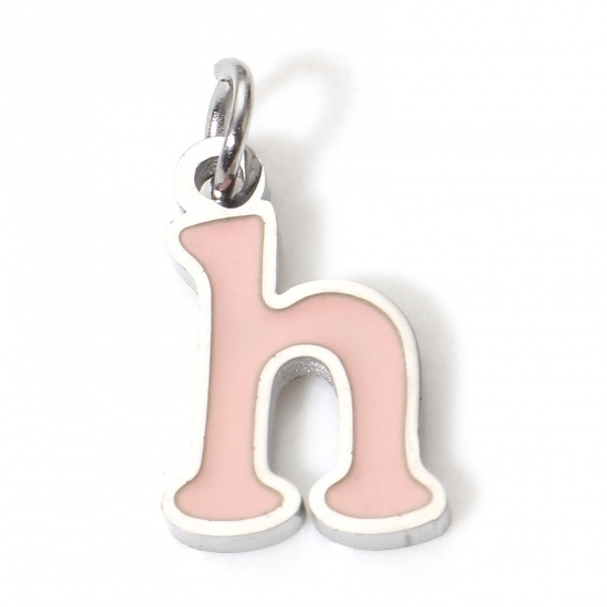 Picture of 1 Piece 304 Stainless Steel Charms Silver Tone Orange Pink Lowercase Letter Message " H " Enamel 14mm x 7.5mm