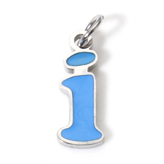 Picture of 1 Piece 304 Stainless Steel Charms Silver Tone Blue Lowercase Letter Message " I " Enamel 15mm x 5mm
