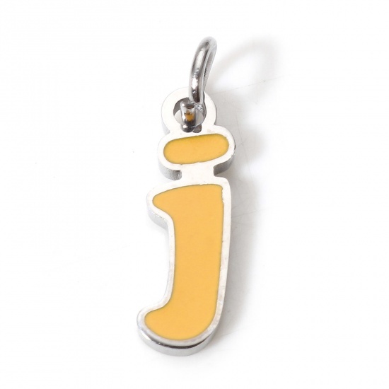 Picture of 1 Piece 304 Stainless Steel Charms Silver Tone Light Orange Lowercase Letter Message " J " Enamel 14mm x 4mm