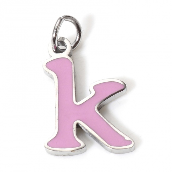 Picture of 1 Piece 304 Stainless Steel Charms Silver Tone Pale Lilac Lowercase Letter Message " K " Enamel 15mm x 8.5mm
