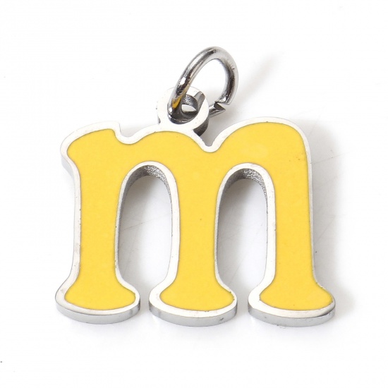Picture of 1 Piece 304 Stainless Steel Charms Silver Tone Yellow Lowercase Letter Message " M " Enamel 14mm x 12mm