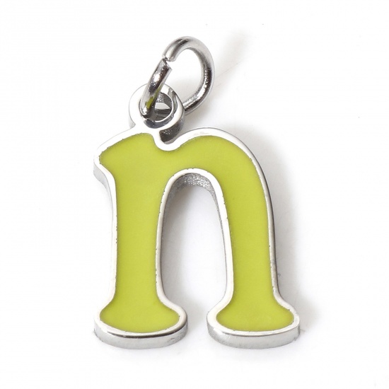 Picture of 1 Piece 304 Stainless Steel Charms Silver Tone Green Lowercase Letter Message " N " Enamel