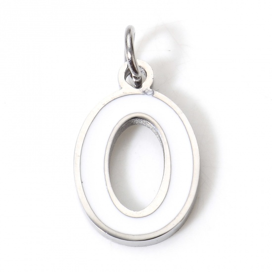 Picture of 1 Piece 304 Stainless Steel Charms Silver Tone White Lowercase Letter Message " O " Enamel 15mm x 8mm