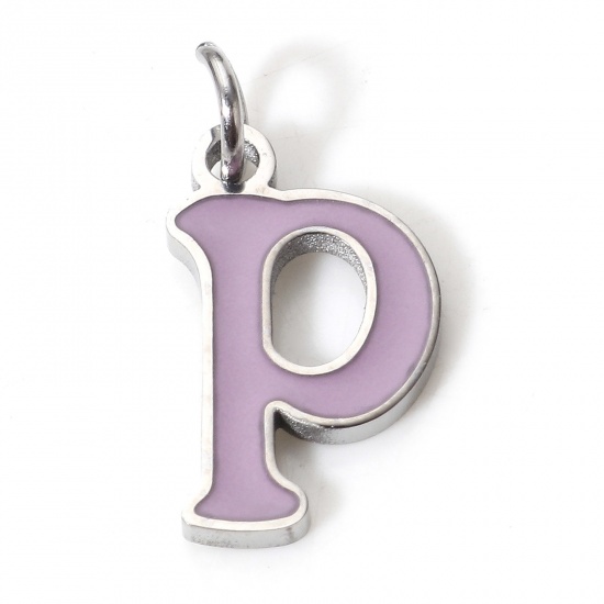 Picture of 1 Piece 304 Stainless Steel Charms Silver Tone Mauve Lowercase Letter Message " P " Enamel 15mm x 7mm