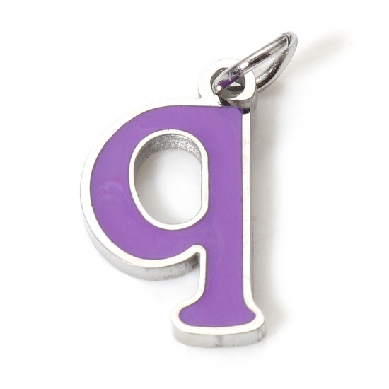 Picture of 1 Piece 304 Stainless Steel Charms Silver Tone Purple Lowercase Letter Message " Q " Enamel 15mm x 7mm