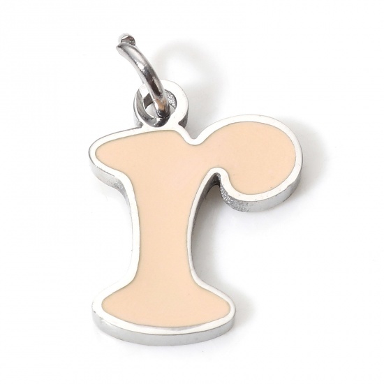 Picture of 1 Piece 304 Stainless Steel Charms Silver Tone Light Beige Lowercase Letter Message " R " Enamel 15mm x 9mm