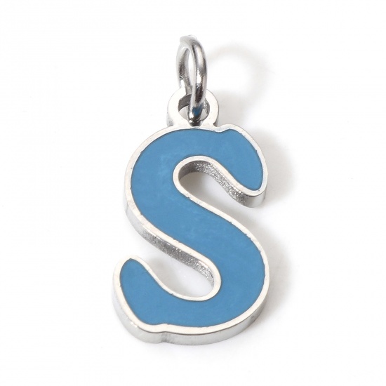 Picture of 1 Piece 304 Stainless Steel Charms Silver Tone Peacock Blue Lowercase Letter Message " S " Enamel 15mm x 7mm