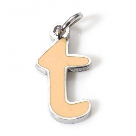 Picture of 1 Piece 304 Stainless Steel Charms Silver Tone Light Orange Lowercase Letter Message " T " Enamel 15mm x 6mm