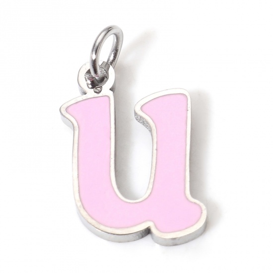 Picture of 1 Piece 304 Stainless Steel Charms Silver Tone Pink Lowercase Letter Message " U " Enamel 15mm x 8mm