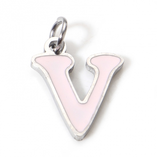 Picture of 1 Piece 304 Stainless Steel Charms Silver Tone Light Pink Lowercase Letter Message " V " Enamel 14mm x 10mm