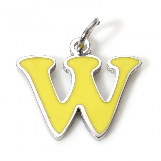 Picture of 1 Piece 304 Stainless Steel Charms Silver Tone Yellow-green Lowercase Letter Message " W " Enamel 15mm x 13mm