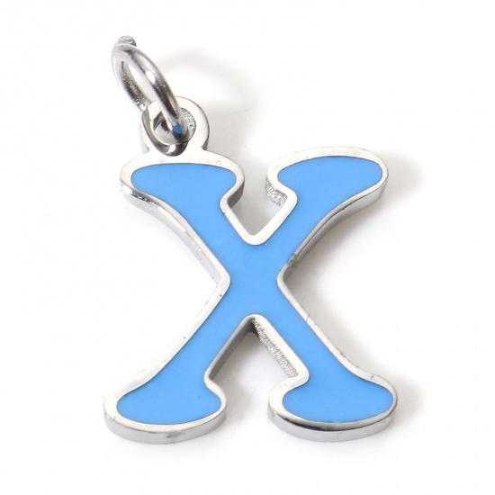 Picture of 1 Piece 304 Stainless Steel Charms Silver Tone Blue Lowercase Letter Message " X " Enamel 15mm x 9mm
