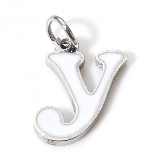 Picture of 1 Piece 304 Stainless Steel Charms Silver Tone White Lowercase Letter Message " Y " Enamel 14mm x 8mm
