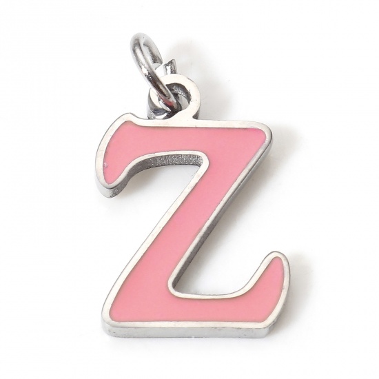 Picture of 1 Piece 304 Stainless Steel Charms Silver Tone Hot Pink Lowercase Letter Message " Z " Enamel 15mm x 8mm