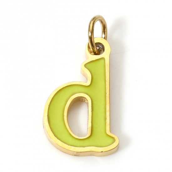 Picture of 1 Piece 304 Stainless Steel Charms Gold Plated Green Lowercase Letter Message " D " Enamel 15mm x