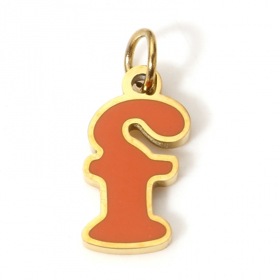 Picture of 1 Piece 304 Stainless Steel Charms Gold Plated Orange-red Lowercase Letter Message " F " Enamel 15mm x 7mm