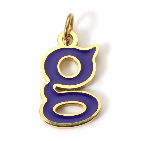 Picture of 1 Piece 304 Stainless Steel Charms Gold Plated Blue Violet Lowercase Letter Message " G " Enamel 15mm x 7.5mm