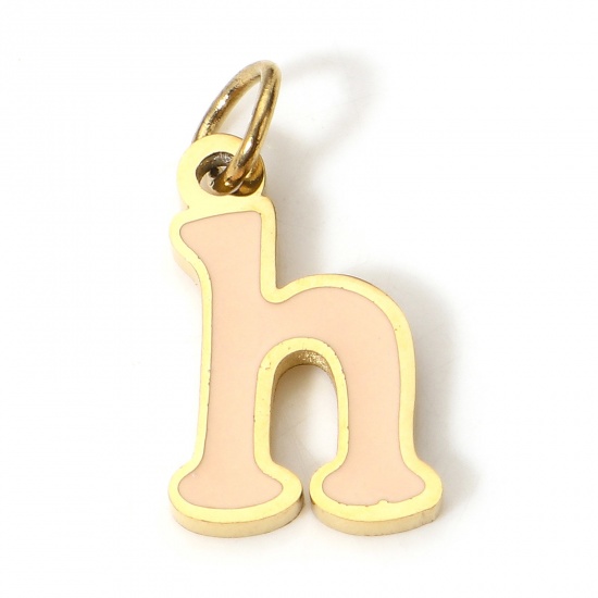 Picture of 1 Piece 304 Stainless Steel Charms Gold Plated Light Beige Lowercase Letter Message " H " Enamel 14mm x 7.5mm