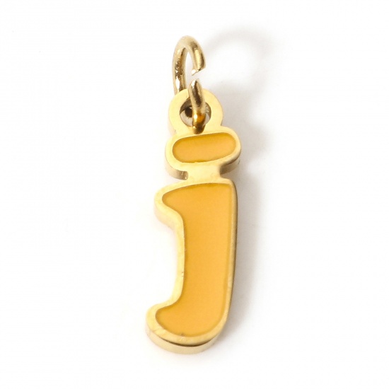 Picture of 1 Piece 304 Stainless Steel Charms Gold Plated Light Orange Lowercase Letter Message " J " Enamel 14mm x 4mm