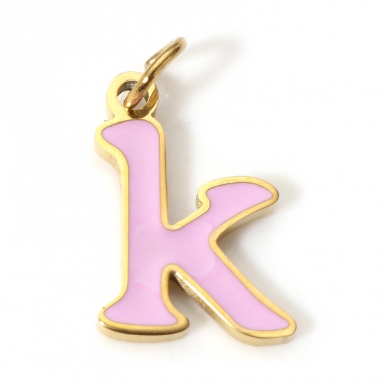 Picture of 1 Piece 304 Stainless Steel Charms Gold Plated Pale Lilac Lowercase Letter Message " K " Enamel 15mm x 8.5mm